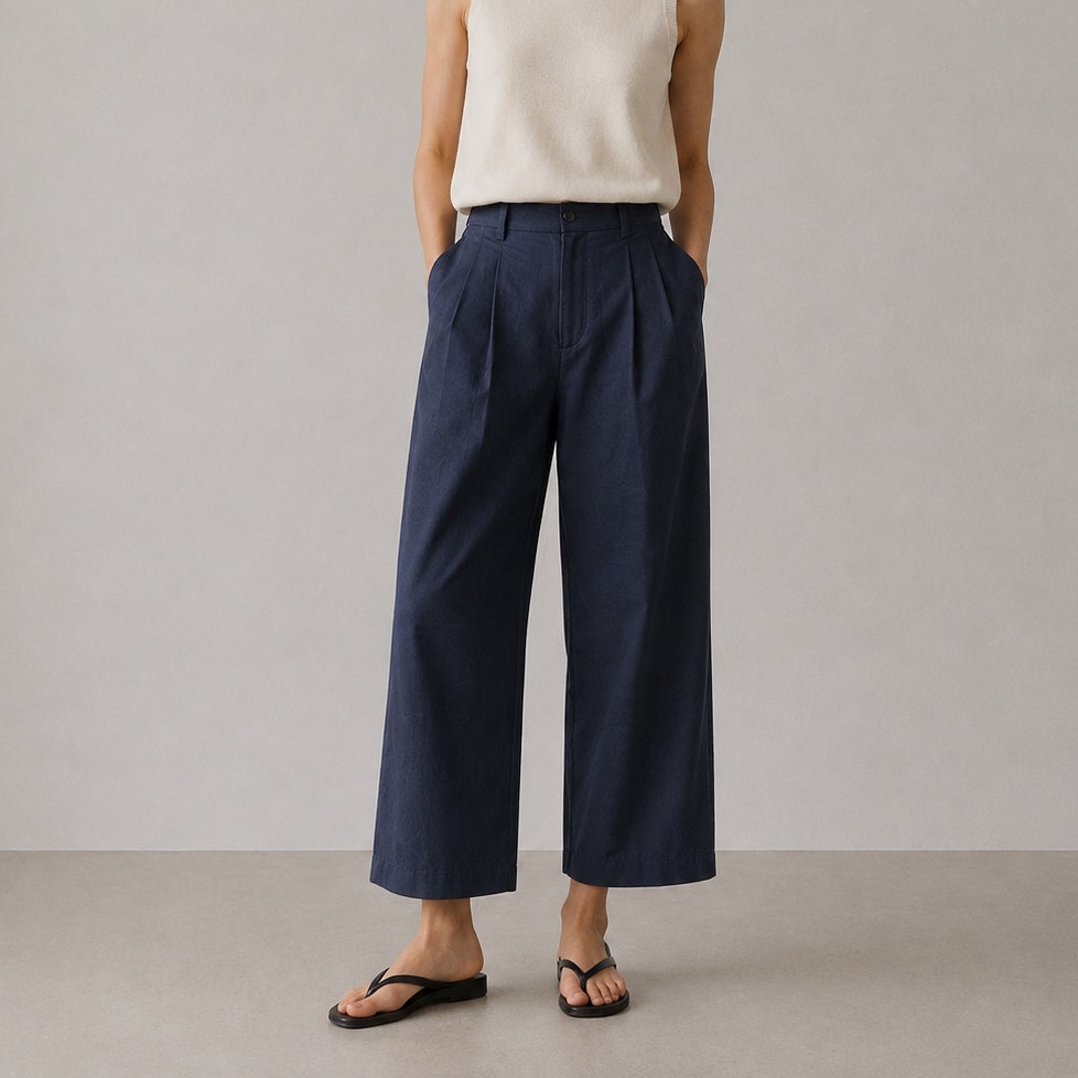 Uniqlo Wide Leg Pants Womens 0 Navy Blue High-Rise Pleated Ankle Chino